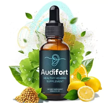 Audifort bottle with surrounding ingredients like green tea, grape seed and maca root